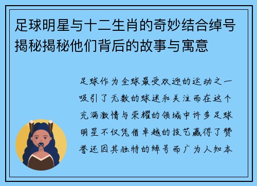 足球明星与十二生肖的奇妙结合绰号揭秘揭秘他们背后的故事与寓意